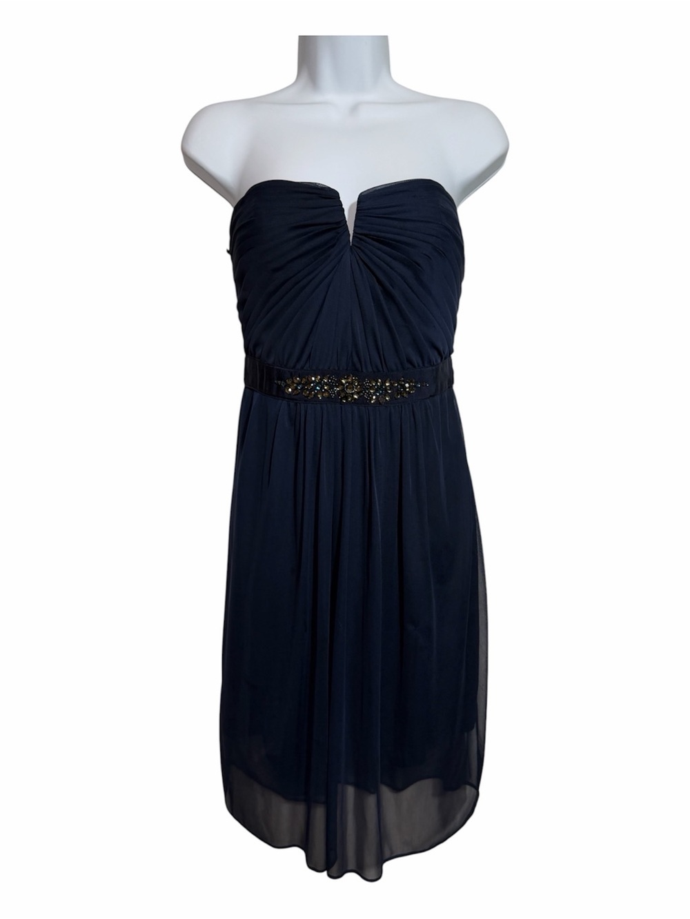 Adrianna Papell Strapless Navy Cocktail Dress Beaded Waist Size 10 Formal Hoco
